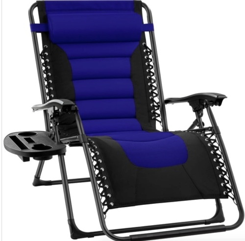 Oversized Padded Zero Gravity Chair, Folding Recliner w/ Headrest, Side Tray, Blue/Black - Lot 163