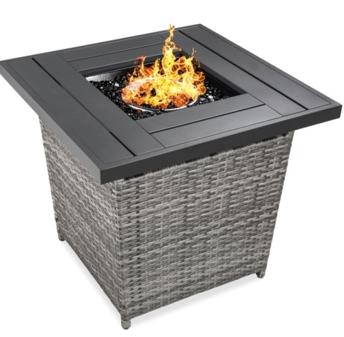 28in Fire Pit Table 50,000 BTU Wicker Propane w/ Faux Wood Tabletop, Cover, Gray - Lot 171