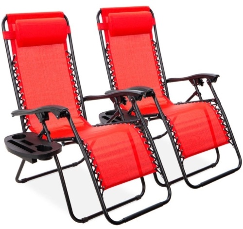 Set of 2 Adjustable Zero Gravity Patio Chair Recliners w/ Cup Holders, Crimson Red - Lot 172