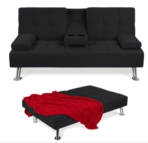 Linen Upholstered Convertible Sofa Bed Futon w/ 2 Cupholders, Black - Lot 180