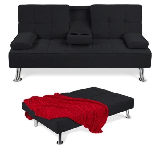Linen Upholstered Convertible Sofa Bed Futon w/ 2 Cupholders, Black - Lot 181