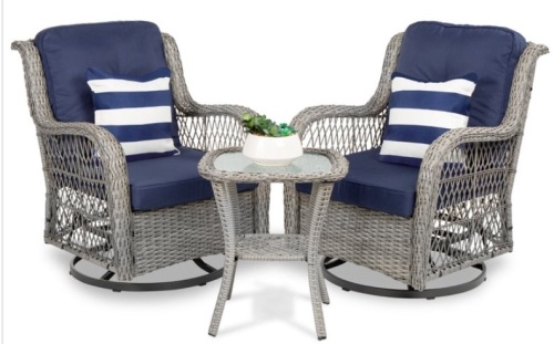 3-Piece Patio Wicker Bistro Furniture Set w/ 2 Swivel Rocking Chairs, Table, Navy - Lot 183