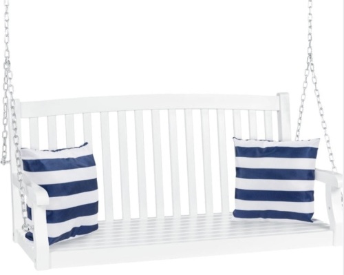 Wooden Curved Back Hanging Porch Swing Bench w/ Mounting Chains - 48in, White - Lot 190