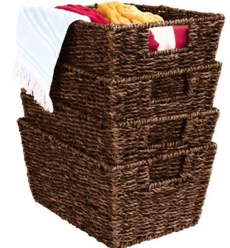 Set of 4 Seagrass Storage Tote Baskets, Laundry Organizer w/ Insert Handles, Brown - Lot 192