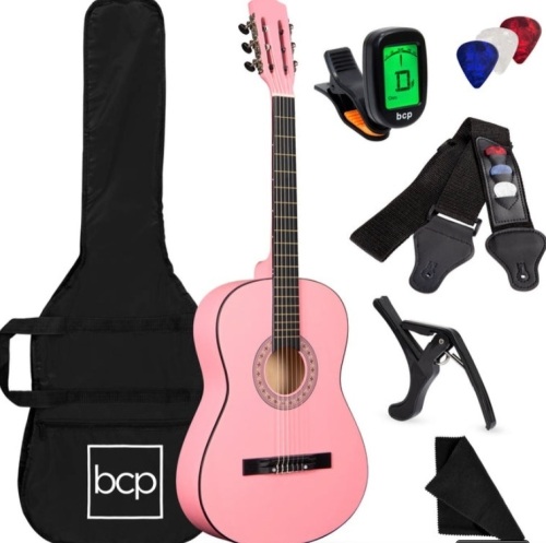 Beginner Acoustic Guitar Set w/ Case, Strap, Digital Tuner, Strings - 38in, Pink - Lot 201