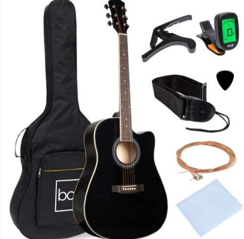 Full Size Beginner Acoustic Guitar Set with Case, Strap, Capo - 41in, Black - Lot 202