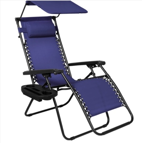 Folding Zero Gravity Recliner Patio Lounge Chair w/ Canopy, Side Tray, Navy Blue - Lot 203