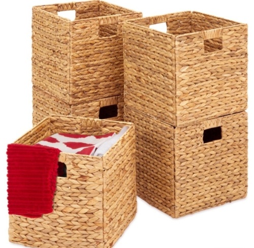 Set of 5 Collapsible Hyacinth Storage Baskets w/ Inserts - 12x12in, Natural - Lot 206