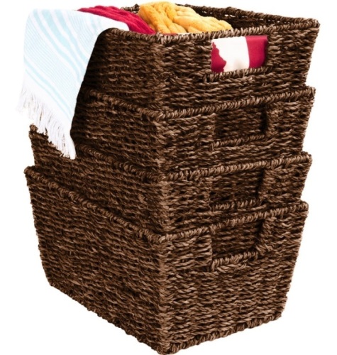 Set of 4 Seagrass Storage Tote Baskets, Laundry Organizer w/ Insert Handles, Brown - Lot 207