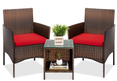 3-Piece Outdoor Patio Wicker Bistro Set w/ Side Storage Table, Brown/Red - Lot 208