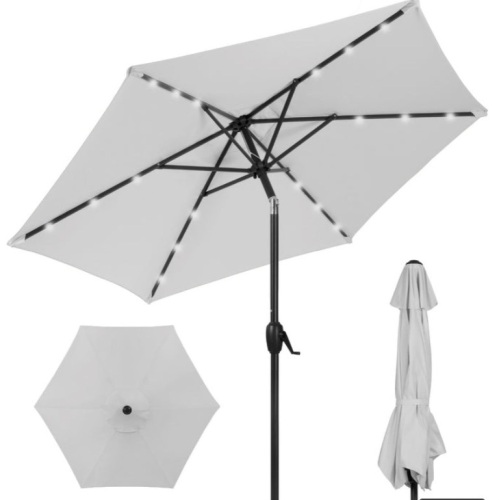 Outdoor Solar Patio Umbrella w/ Push Button Tilt, Crank Lift - 7.5ft, Fog Gray - Lot 210