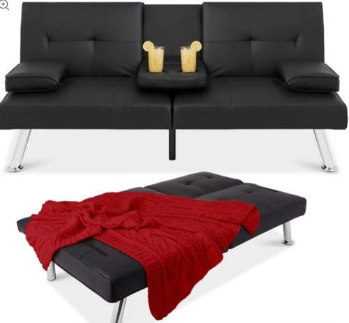 Faux Leather Upholstered Convertible Sofa Bed Futon w/ 2 Cupholders, Black - Lot 212
