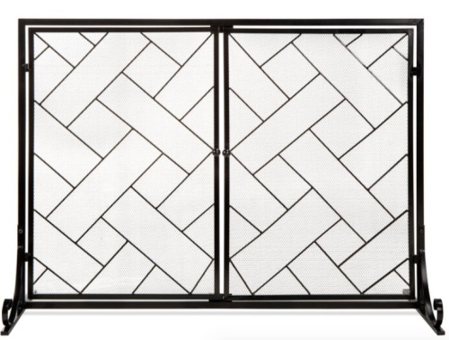 2-Panel Wrought Iron Geometric Fireplace Screen w/ Magnetic Doors - 44x33in, Black - Lot 213