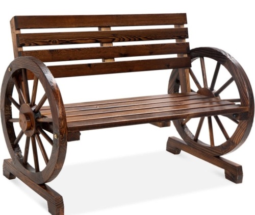 2-Person Rustic Wooden Wagon Wheel Bench w/ Slatted Seat and Backrest - Lot 219