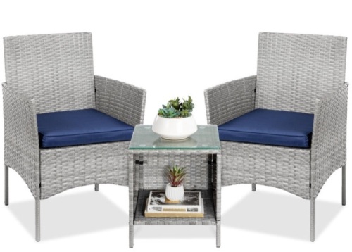 3-Piece Outdoor Patio Wicker Bistro Set w/ Side Storage Table, Gray/Navy - Lot 220