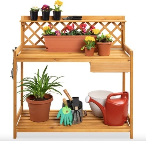 Wooden Garden Potting Bench Workstation w/ Cabinet Drawer, Open Shelf - Lot 222