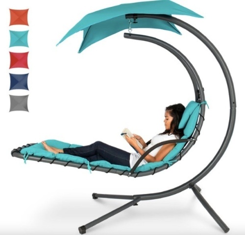 Hanging Curved Chaise Lounge Chair w/ Built-In Pillow, Removable Canopy - Lot 225