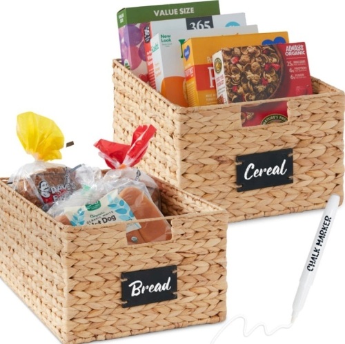Set of 2 Water Hyancinth Pantry Baskets w/ Chalkboard, Marker - 16in, Natural - Lot 249