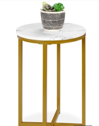 Round Coffee Side Table w/ Faux Marble Top, Metal Frame - 16in, White/Bronze Gold - Lot 250