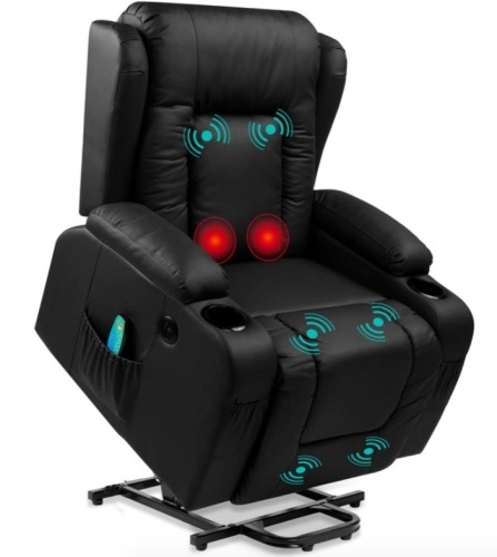 Electric Power Lift Recliner Massage Chair w/ Heat, USB Port, Cupholders, Black - Lot 251
