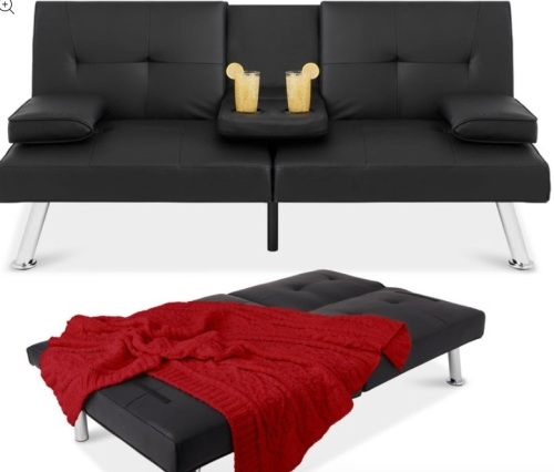 Faux Leather Upholstered Convertible Sofa Bed Futon w/ 2 Cupholders, Black - Lot 285