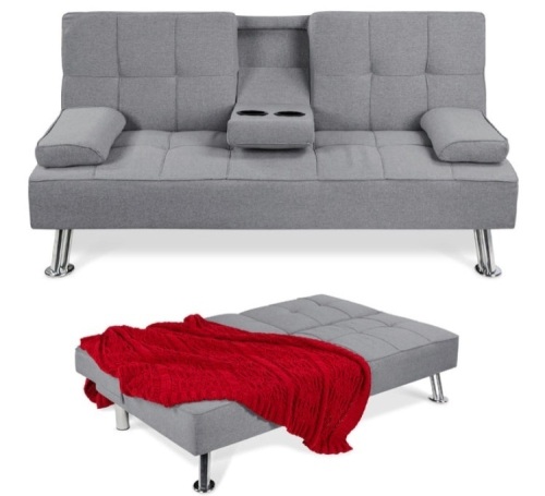 Linen Upholstered Convertible Sofa Bed Futon w/ 2 Cupholders, Gray - Lot 296