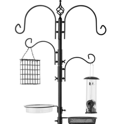 4-Hook Bird Feeding Station, Steel Feeder Stand w/ 2 Bird Feeders - 91in, Black - Lot 299