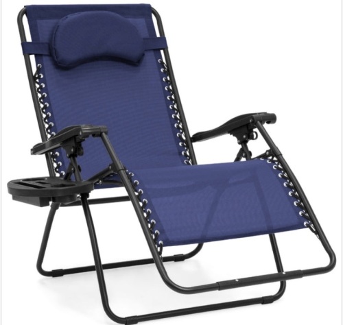 Oversized Reclining Zero Gravity Chair Lounger w/ Cup Holder, Pillow, Navy - Lot 278