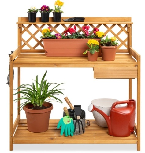 Wooden Garden Potting Bench Workstation w/ Cabinet Drawer, Open Shelf - Lot 280