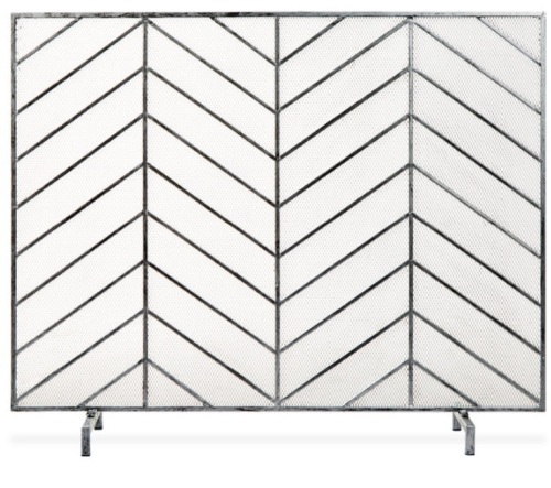 Single Panel Iron Chevron Fireplace Screen w/ Antique Finish - 38x31in, Pewter - Lot 281
