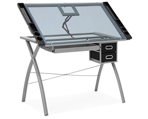 Best Choice Products Modern Adjustable Drafting Table w/Drawers, Glass Top, and Removable Side Trays - Silver - Lot 282