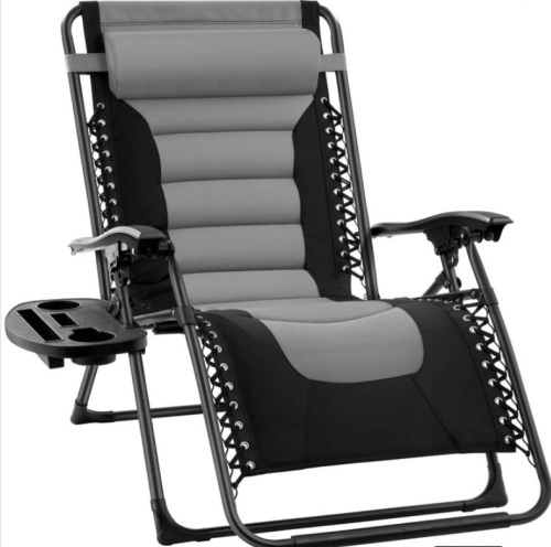 Oversized Padded Zero Gravity Chair, Folding Recliner w/ Headrest, Side Tray, Gray/Black - Lot 303