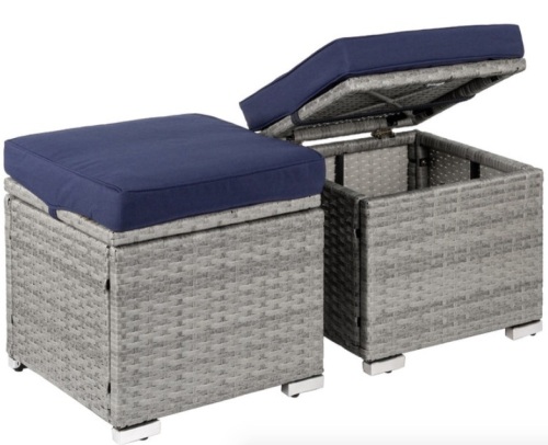 Set of 2 Wicker Ottomans, Multipurpose w/ Removable Cushions, Steel Frame, Gray/Navy - Lot 306