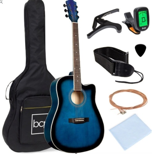 Full Size Beginner Acoustic Guitar Set with Case, Strap, Capo - 41in, Blue - Lot 307
