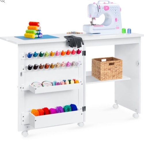 Folding Sewing Table Multipurpose Craft Station & Side Table w/ Wheels, White - Lot 309