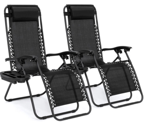 Set of 2 Adjustable Zero Gravity Patio Chair Recliners w/ Cup Holders, Black - Lot 310