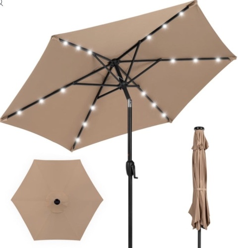 Outdoor Solar Patio Umbrella w/ Push Button Tilt, Crank Lift - 7.5ft, Tan - Lot 312