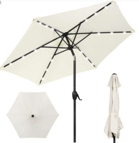 Outdoor Solar Patio Umbrella w/ Push Button Tilt, Crank Lift - 7.5ft, Cream - Lot 315
