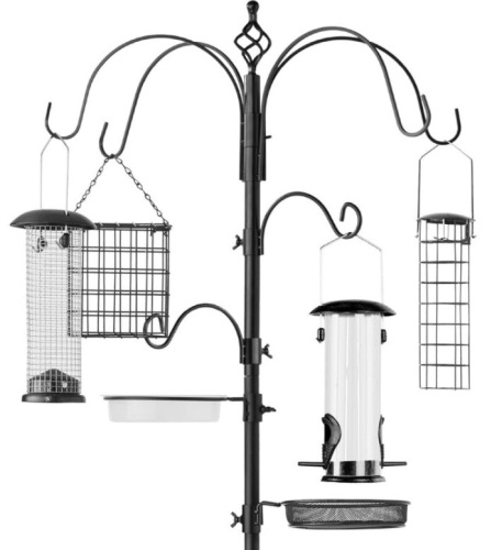 Bird Feeding Station, 6-Hook Steel Multi-Feeder Stand w/ 4 Feeders - 89in, Black - Lot 317