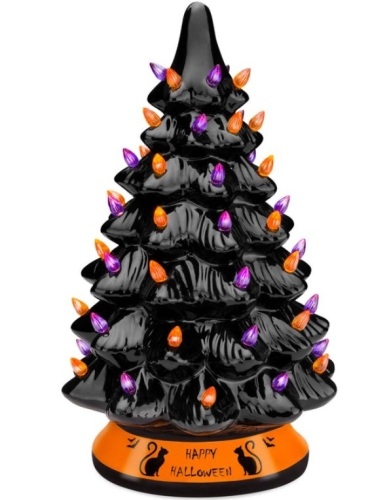 Ceramic Halloween Tabletop Tree w/ Orange & Purple Bulb Lights - 15in - Lot 318