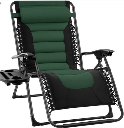 Oversized Padded Zero Gravity Chair, Folding Recliner w/ Headrest, Side Tray, Forest Green - Lot 333