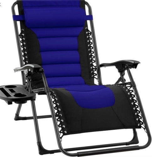 Oversized Padded Zero Gravity Chair, Folding Recliner w/ Headrest, Side Tray, Blue/Black - Lot 334