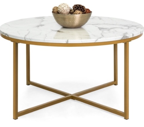 Round Coffee Table w/ Faux Marble Top, Metal Frame - 36in, Gold - Lot 340