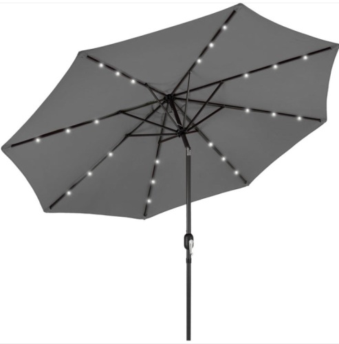 Solar LED Lighted Patio Umbrella w/ Tilt Adjustment, UV-Resistance - 10ft, Gray - Lot 343