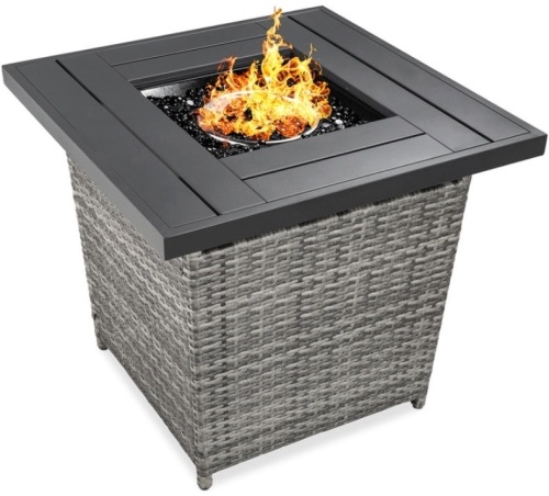 28in Fire Pit Table 50,000 BTU Wicker Propane w/ Faux Wood Tabletop, Cover, Gray - Lot 344