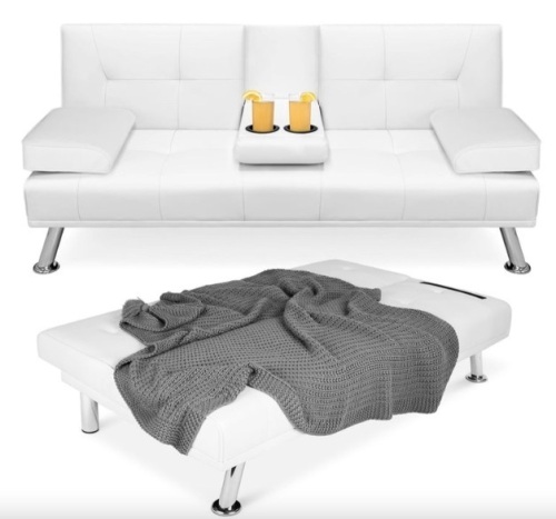Faux Leather Upholstered Convertible Sofa Bed Futon w/ 2 Cupholders - Lot 366