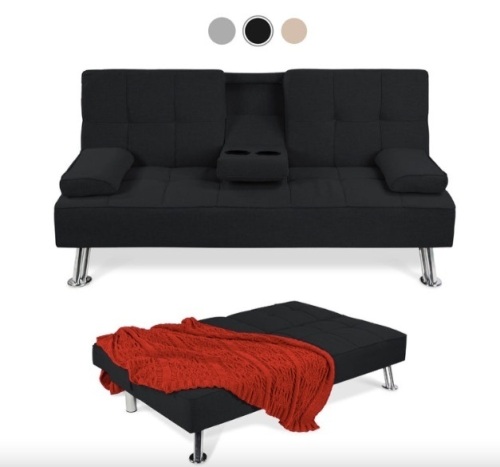 Linen Upholstered Convertible Sofa Bed Futon w/ 2 Cupholders - Lot 367