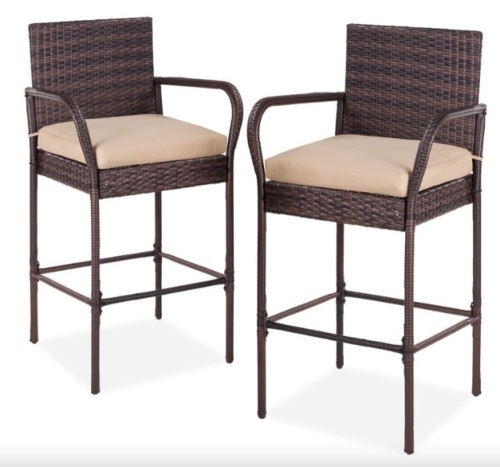 Set of 2 Indoor Outdoor Wicker Bar Stools w/ Cushion, Footrests, Armrests - Lot 368