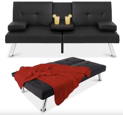 Faux Leather Upholstered Convertible Sofa Bed Futon w/ 2 Cupholders - Lot 370