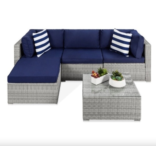 5-Piece Modular Wicker Sectional Conversation Set w/ 2 Pillows, Coffee Table - Lot 374